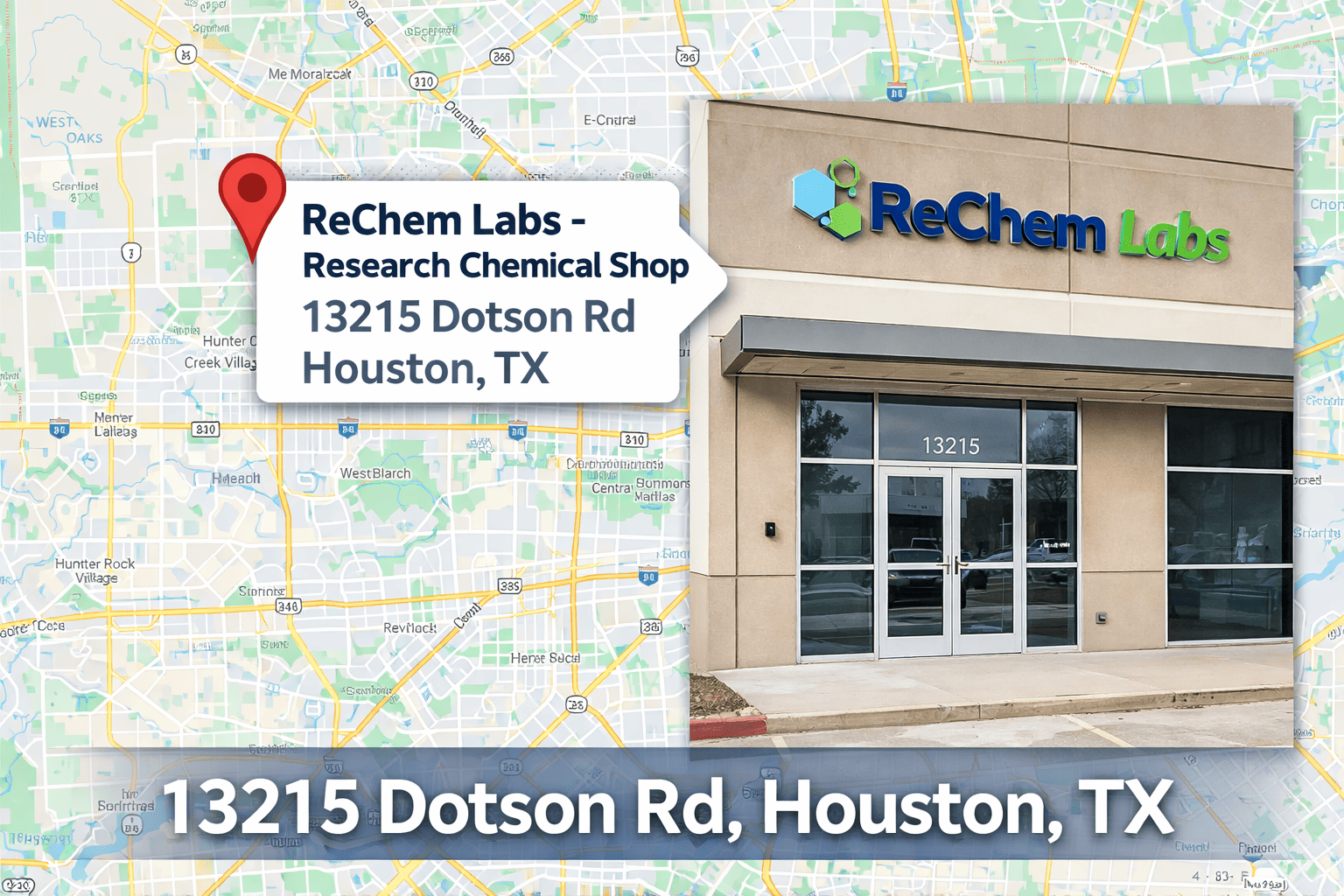 Map location ReChem Labs research chemical shop — 13215 Dotson Rd Houston TX